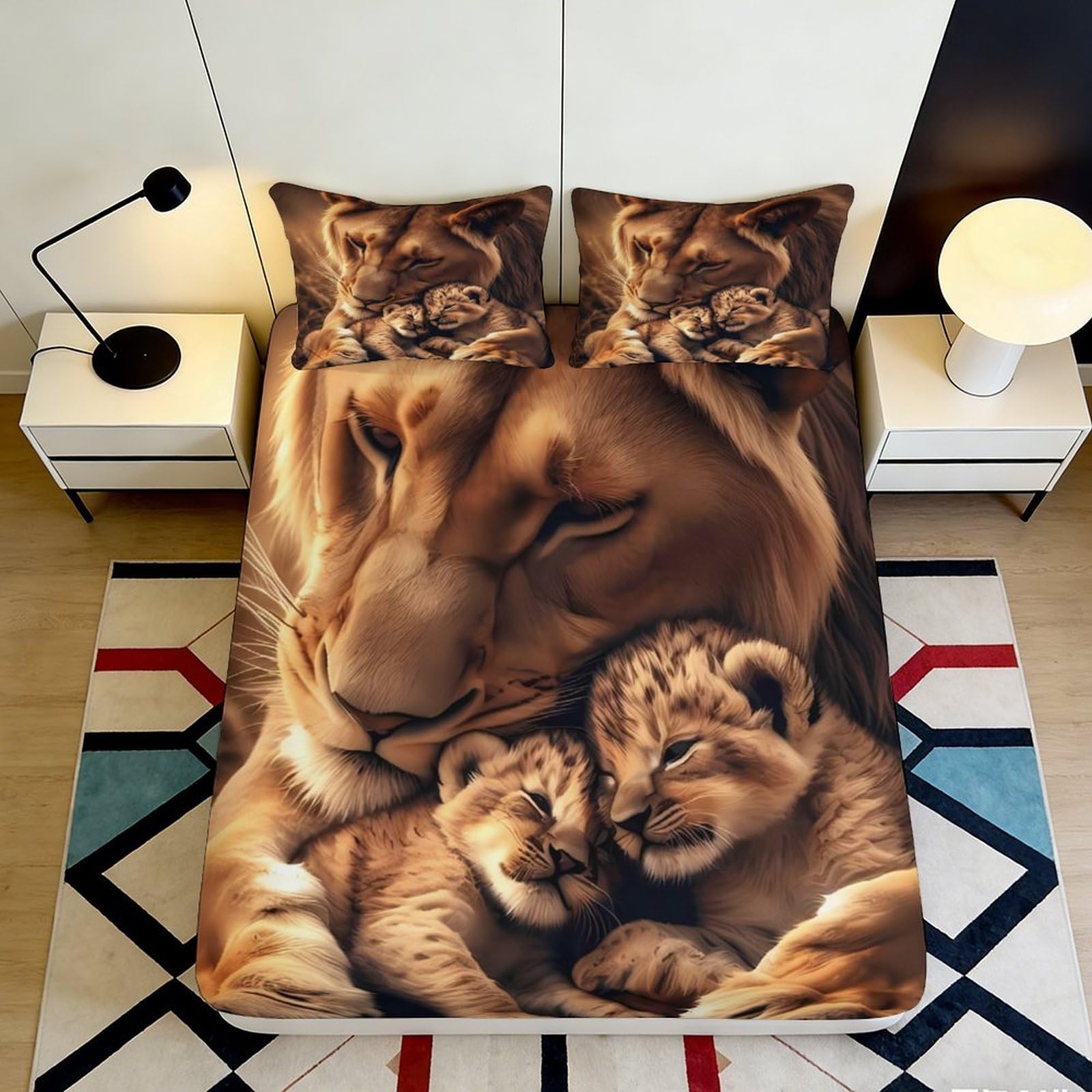 3D Printed Lion Family Fitted Sheet Microfiber Soft Breathable Safari Cubs Mattress Cover for Bedroom Guest Room Decor 200x200x25cm