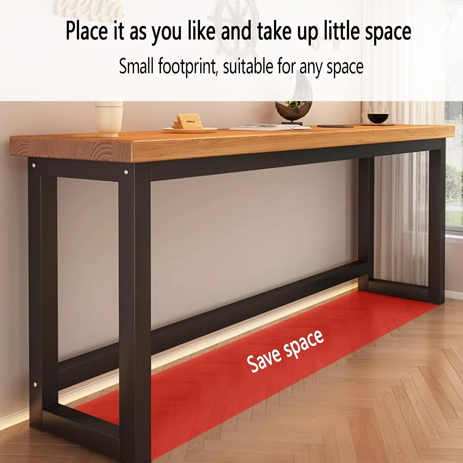 Thickened Solid Wood Bar Table - Long Rectangular Bistro Table with Metal Base, Outdoor Patio Dining & Coffee Table for Balcony, Pub, and Restaurant Use, No Stools Included