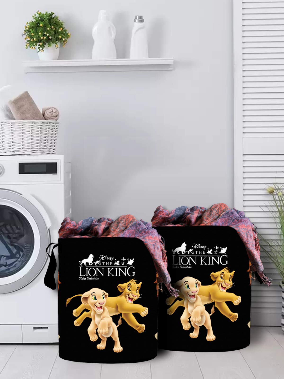 Kuber Industries Disney Lion King Print Round Non Woven Fabric Foldable Laundry Organiser with Handles,45 LTR (Set of 2, Black)-KUBMART11646