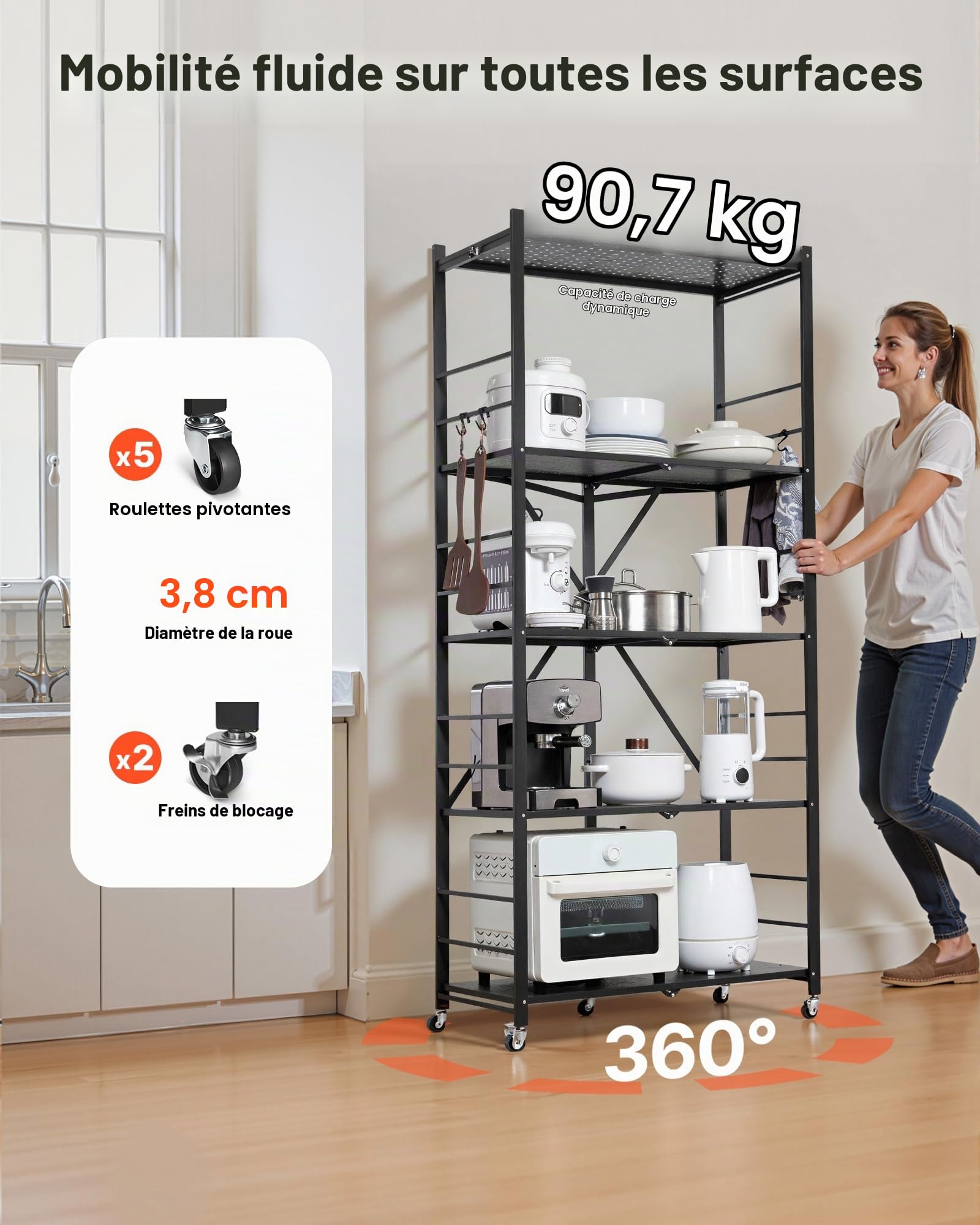 VEVOR Étagère Pliante Mobile, 5 Niveaux, Étagère Pliante à roulettes, 81x36x183 cm, Métal Robuste, Charge Statique 340 kg Dynamique 90,7 kg, Meuble de Rangement pour Garage, Cuisine, sous-Sol, Noir