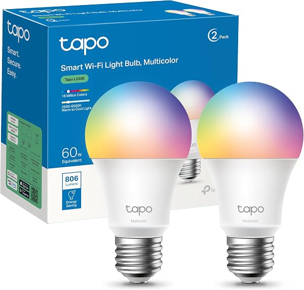 Tapo L530E – Bombilla LED inteligente Wi-Fi, multicolor, regulable, casquillo E27, 8.3W, 806 lúmenes, compatible con Alexa y Google Home, paquete de 2 (paquete de 1) - 1
