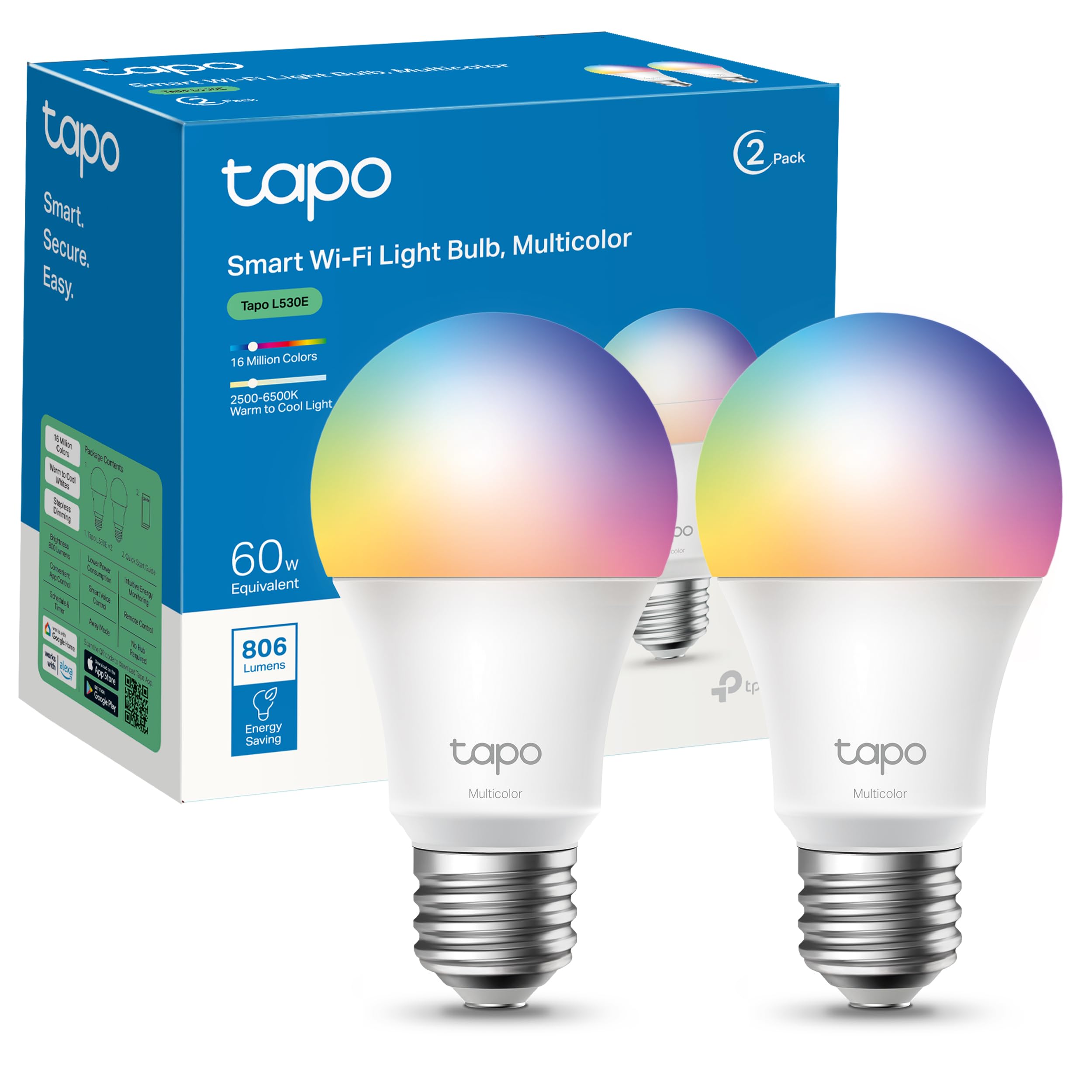 Bombilla LED Tapo L530E Wi-Fi, multicolor y regulable, 2 unidades