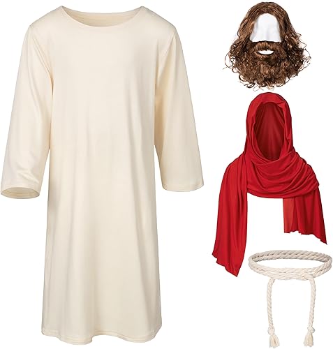 Miniatura 2 de Disfraz de Jesús para niños, atuendo religioso bíblico con túnica, barba, peluca, bigote, bufanda, manto y juego de cuerdas para la cintura