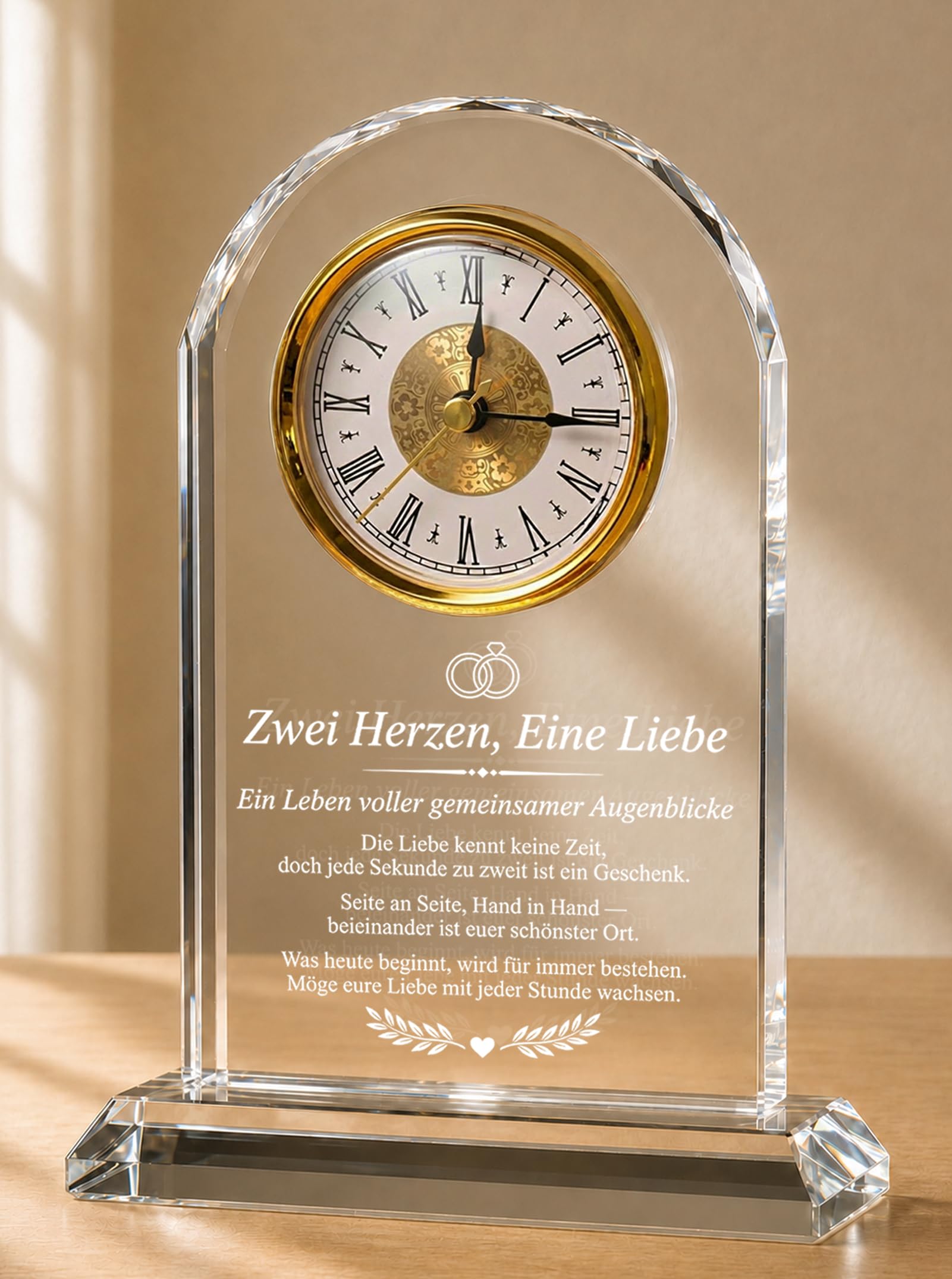 Hochzeitsgeschenk für Brautpaar - Glas Tischuhr mit Lasergravur | Frischverheiratete, Verlobungsgeschenk, Jahrestag-Andenken, edle Hochzeitsdeko, inkl. Geschenkbox