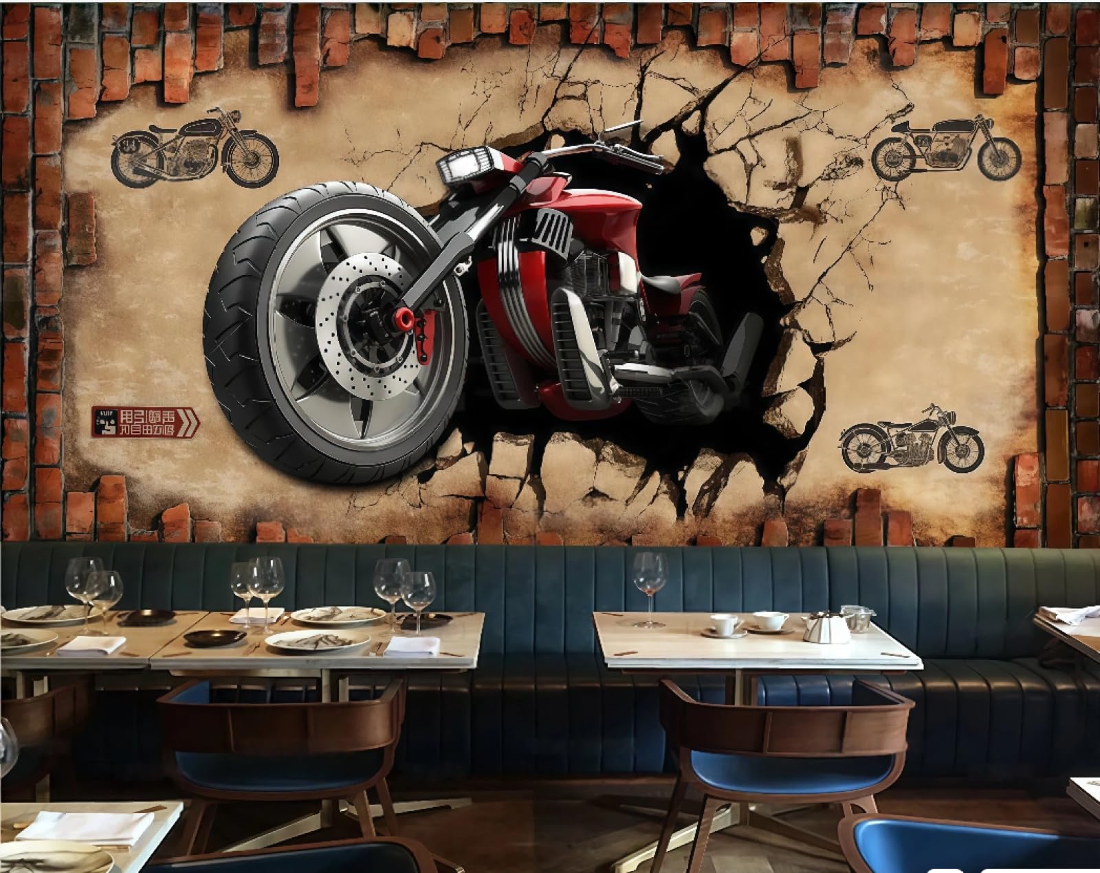 Xdoubao 3D Wallpaper Nostalgic Retro Brick Wall Personality Motorcycle Sports Club Bar Coffee Shop Background Mural Western Restaurant Wallpaper,,430X300cm