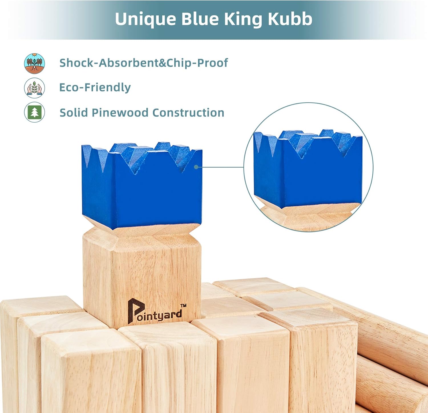 Pointyard Kubb Yard Game Set for Adults & Families - Viking Chess Outdoor New Zealand Pine Wooden Toss Game with 10 Blocks, 6 Batons, Carrying Bag | Perfect for Backyard Party BBQ Lawn Camping Beach