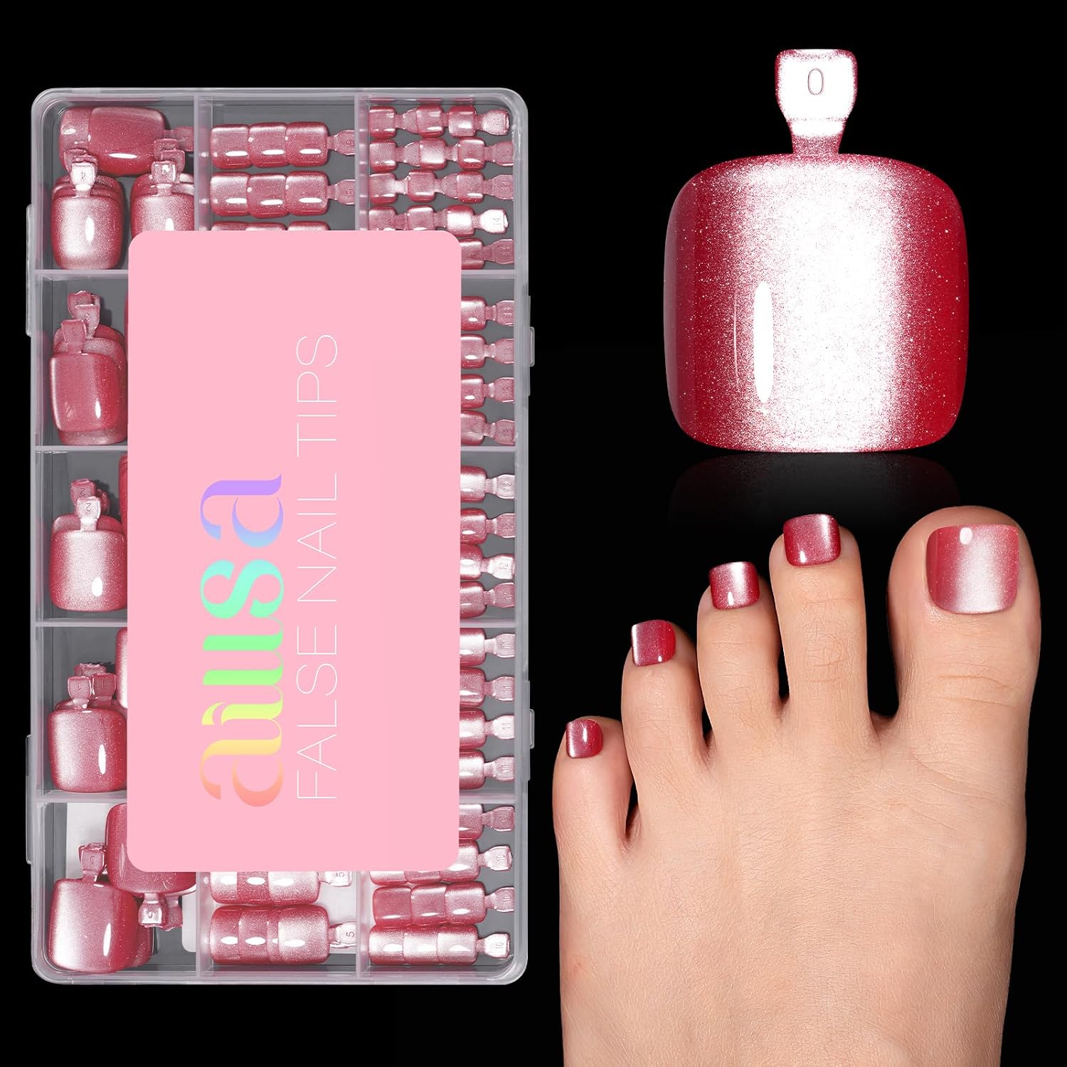 AILLSA Carmine Cat Eye Press On Toenails for Women