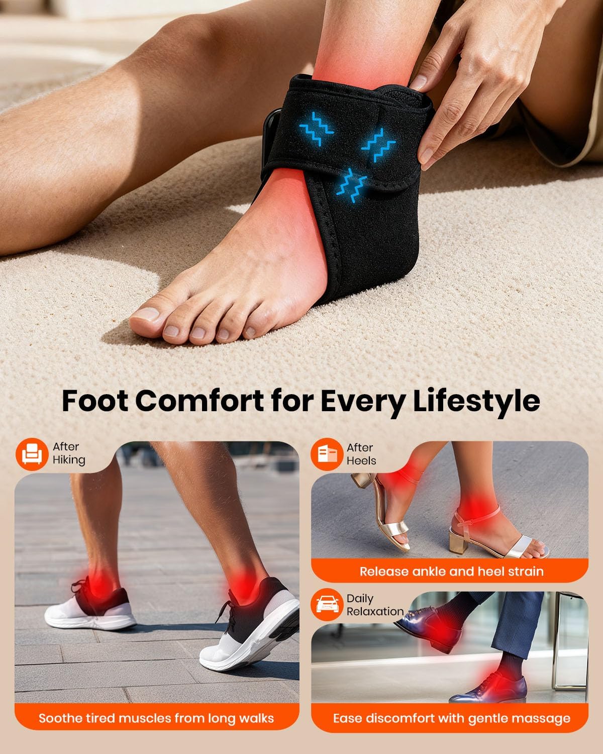 Foot Renew Massager for Neuropathy, 3-in-1 Cordless & Portable Foot and Ankle Massager for Heel, Arch & Ankle Relief, 3-Level Vibration & Heat, Ideal Gift, Includes Extension Strap (Black 2pcs)
