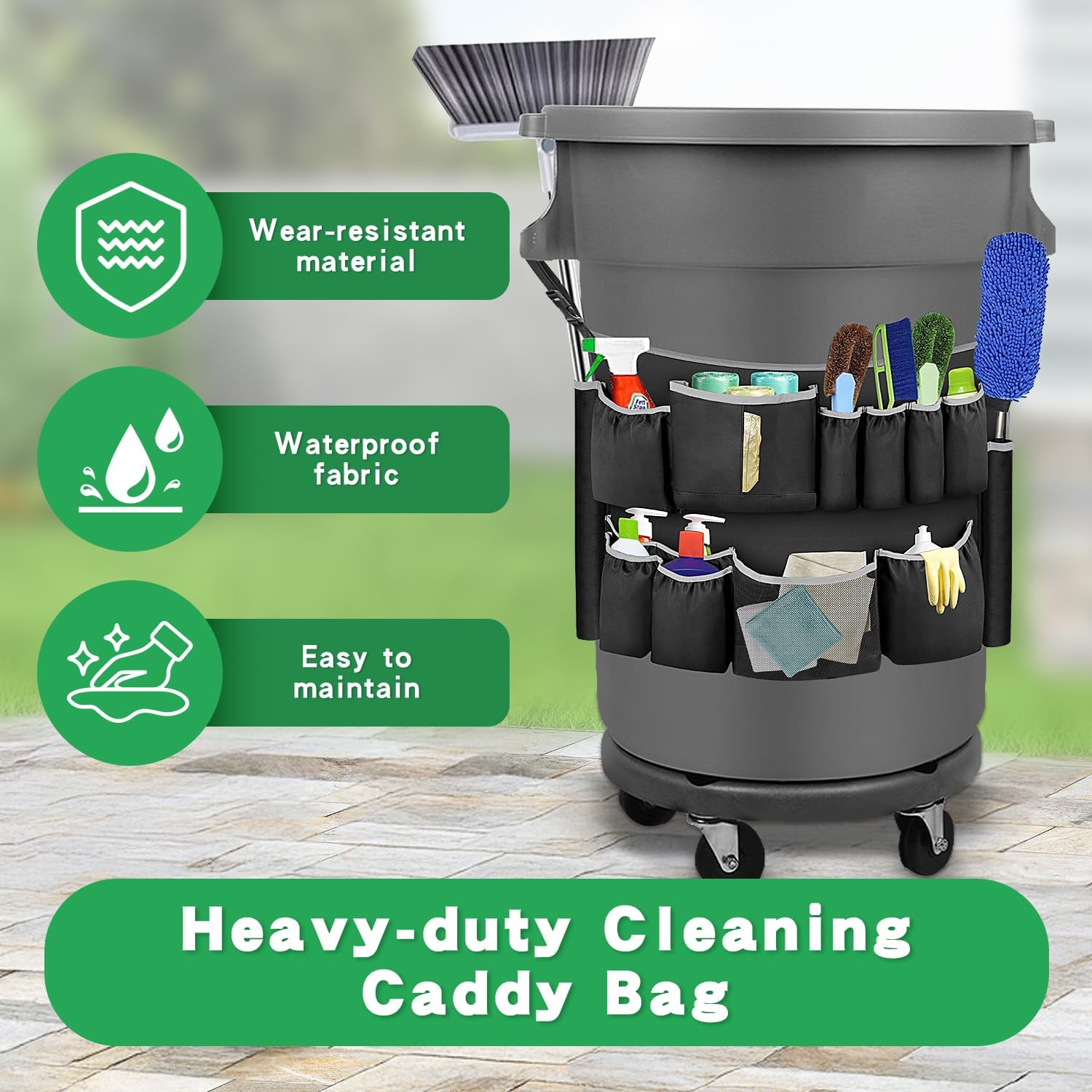 Trash Can Caddy Organizer with 10 Pockets - Cleaning Supply Holder for 32-55 Gallon Round Garbage Bins | Adjustable Strap Storage Bag for Sponges, Gloves, Spray Bottles, Cleaning Tools