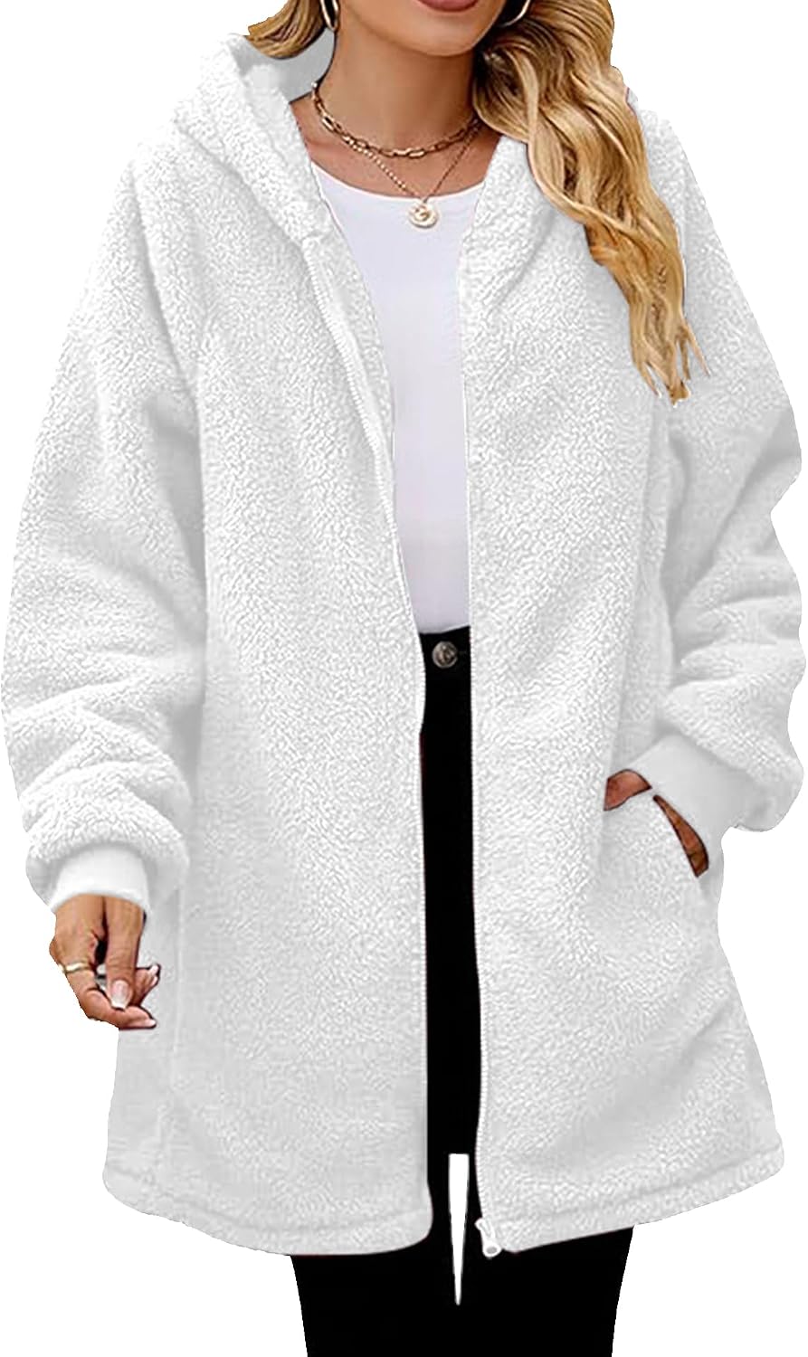 Women Loose Fit Hooded Coats Sherpa Fleece Cardigan Zipper Solid Color Oversized Teddy Coat with Pockets