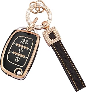 Koaudb Car Key Case Cover Fits Hyundai i20 i30 i40 ix20 ix30 ix45 ix55 Tucson Elantra 3-Button Key Case TPU Key Case with Leather Pendant Key Fob (BP-Hynd-3F)