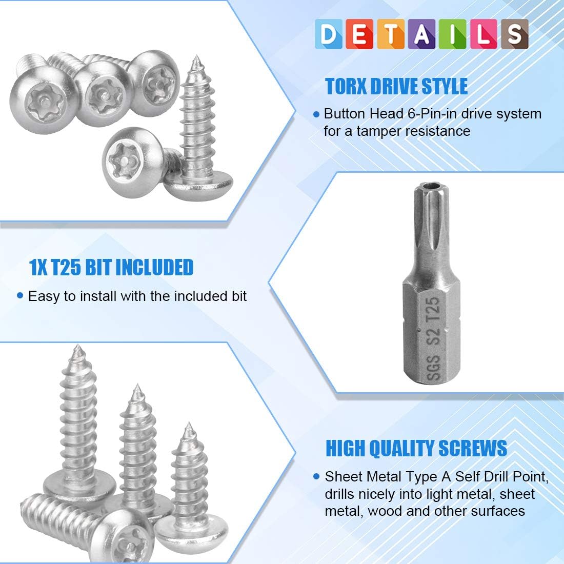 Glarks 51Pcs #10 x 1-1/2'' Button Head Torx Security Stainless Steel Screws Tamper Resistant Sheet Metal Screws with T25 Bit Set (50pcs #10 x 1-1/2'')