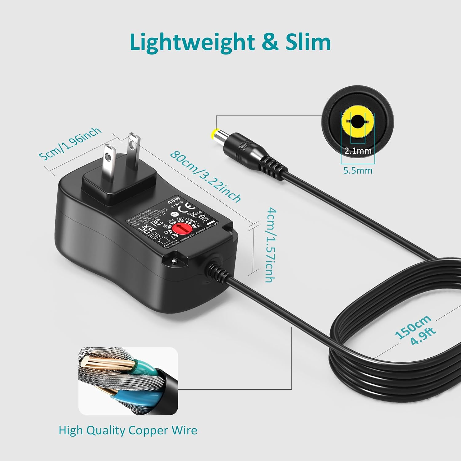 48W 5V 6V 9V 12V 15V 19V 20V 24V Universal Power Supply Adjustable Voltage AC DC Adapter Charger Cord with Barrel Plugs 5.5x2.5mm 5.5x2.1mm Micro USB Type C for LED Strip Lights Electronics
