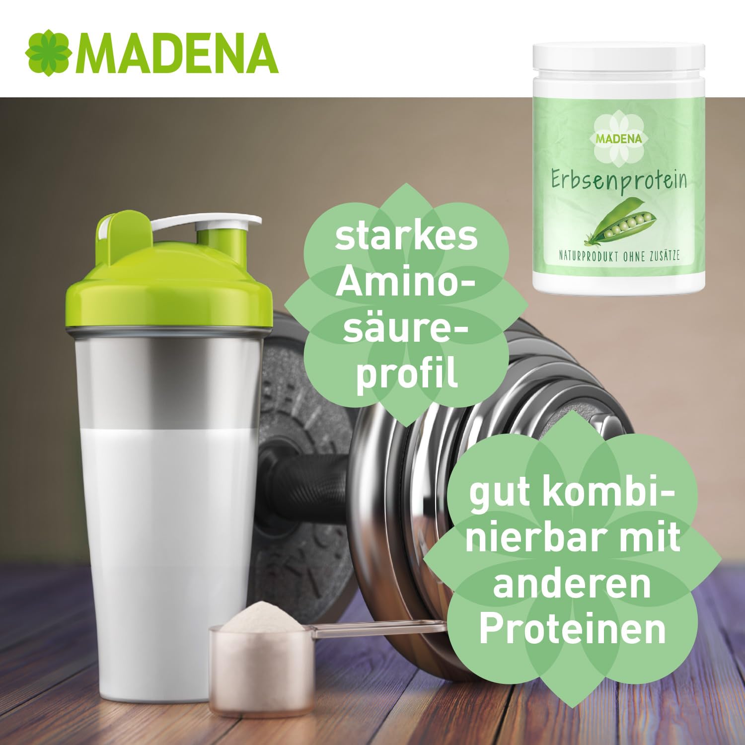 MADENA Erbsenprotein Pulver 1kg, veganes Protein mit 85% Proteingehalt, 100% Proteinisolat, extra mild und fein, glutenfrei laktosefrei