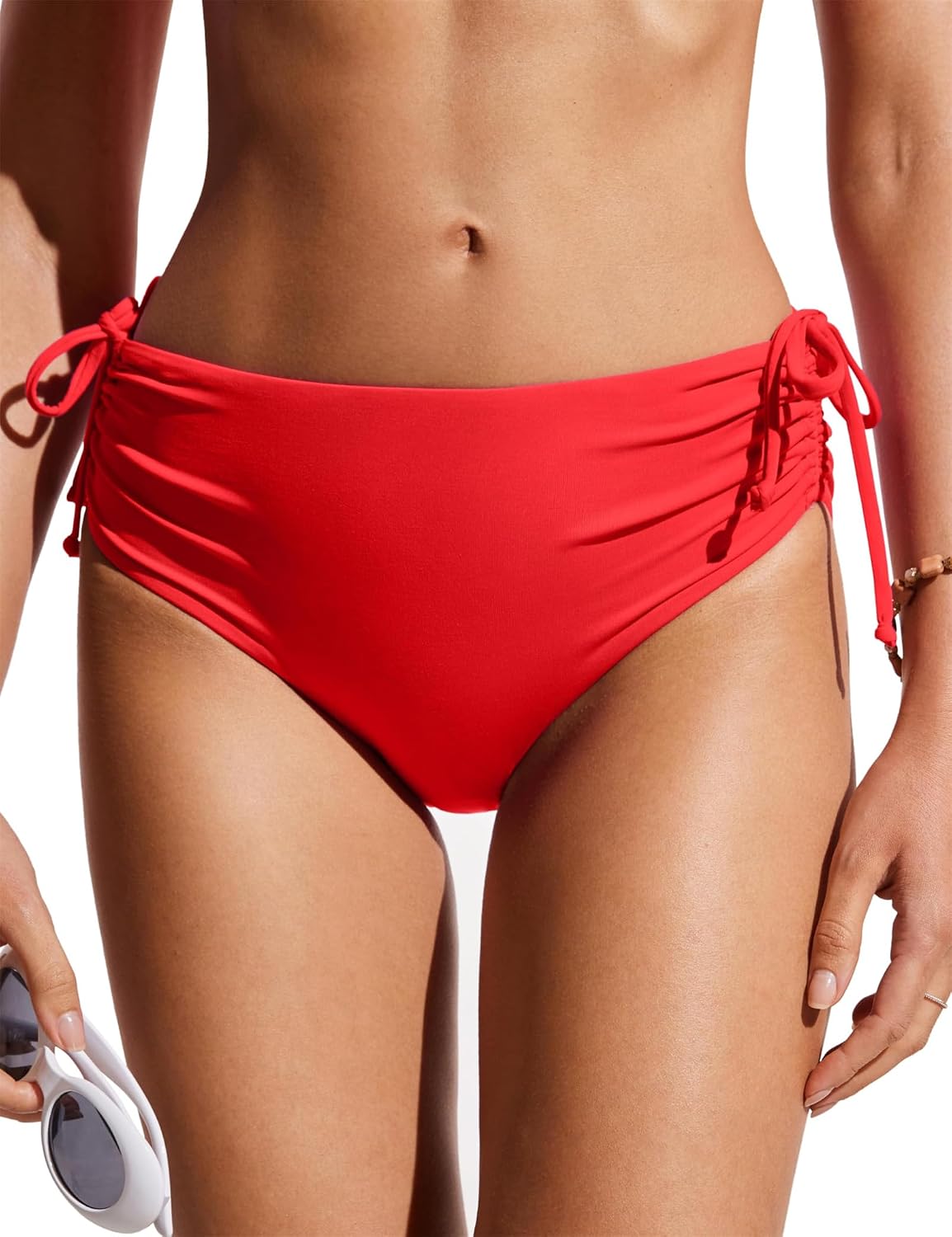 Womens High Waisted Adjustable Ruched Side Tie Bikini Bottoms, Women's High Waisted Bikini Bottoms, Ruched Swimsuit Bottom.