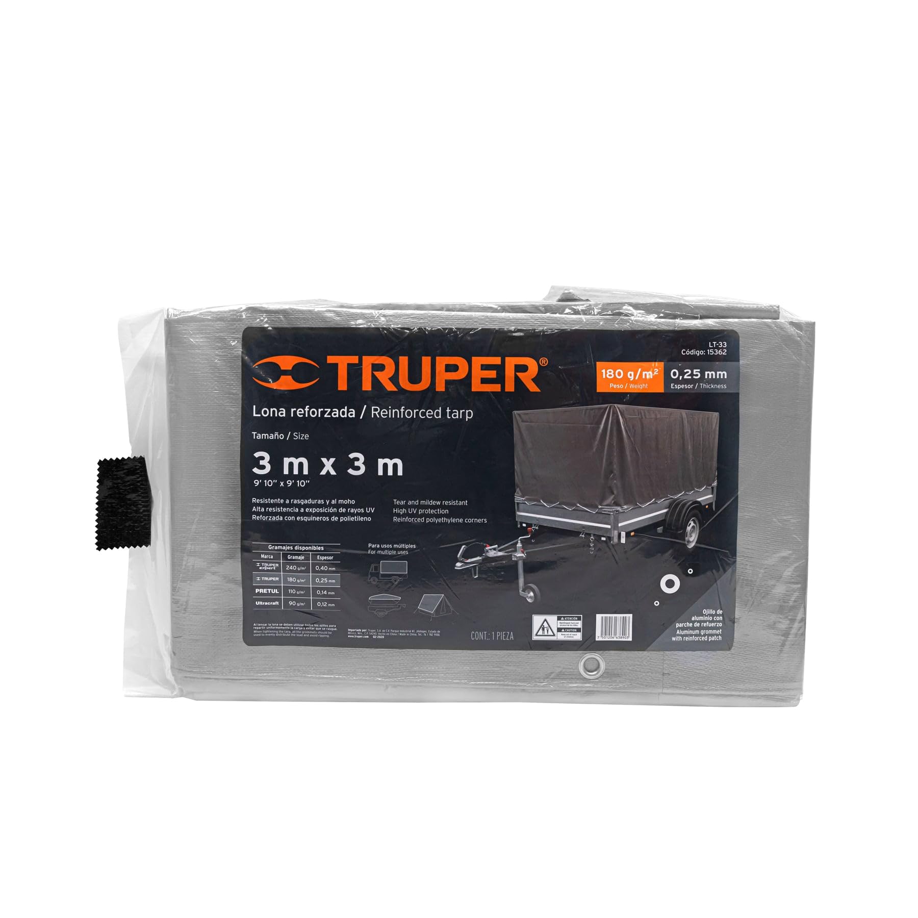 TRUPER LT-33 Reinforced Gray Tarps, 7.5 oz/yd2 9.8x9.8Ft (3x3m)