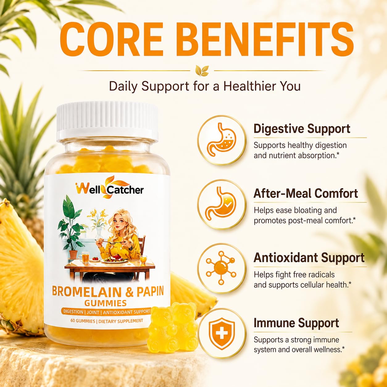 Bromelain & Papain Gummies, 500mg Bromelain with Papaya Enzyme, Quercetin, Turmeric, Vitamins C & E, Protein Digestion & After-Meal Digestive Support, Sugar-Free Vegan, Pineapple Flavor, 60 Count — Amazon image 2