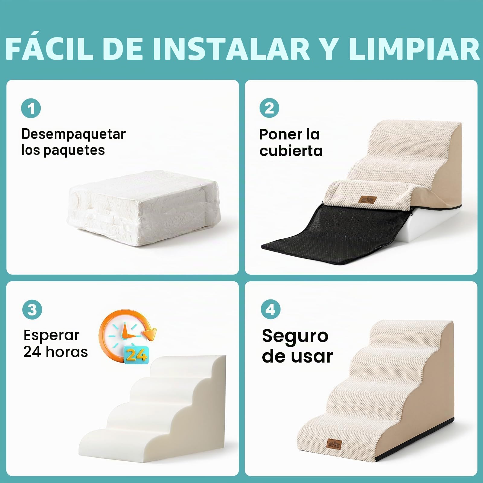 COZY KISS Escalera para Perros Pequeños, Escaleras para Mascotas de Espuma para Cama y sofá, Rampa para Gatos con Funda Lavable y Fondo Antideslizante, Ligera (Beige, 40x57x40cm, 3)