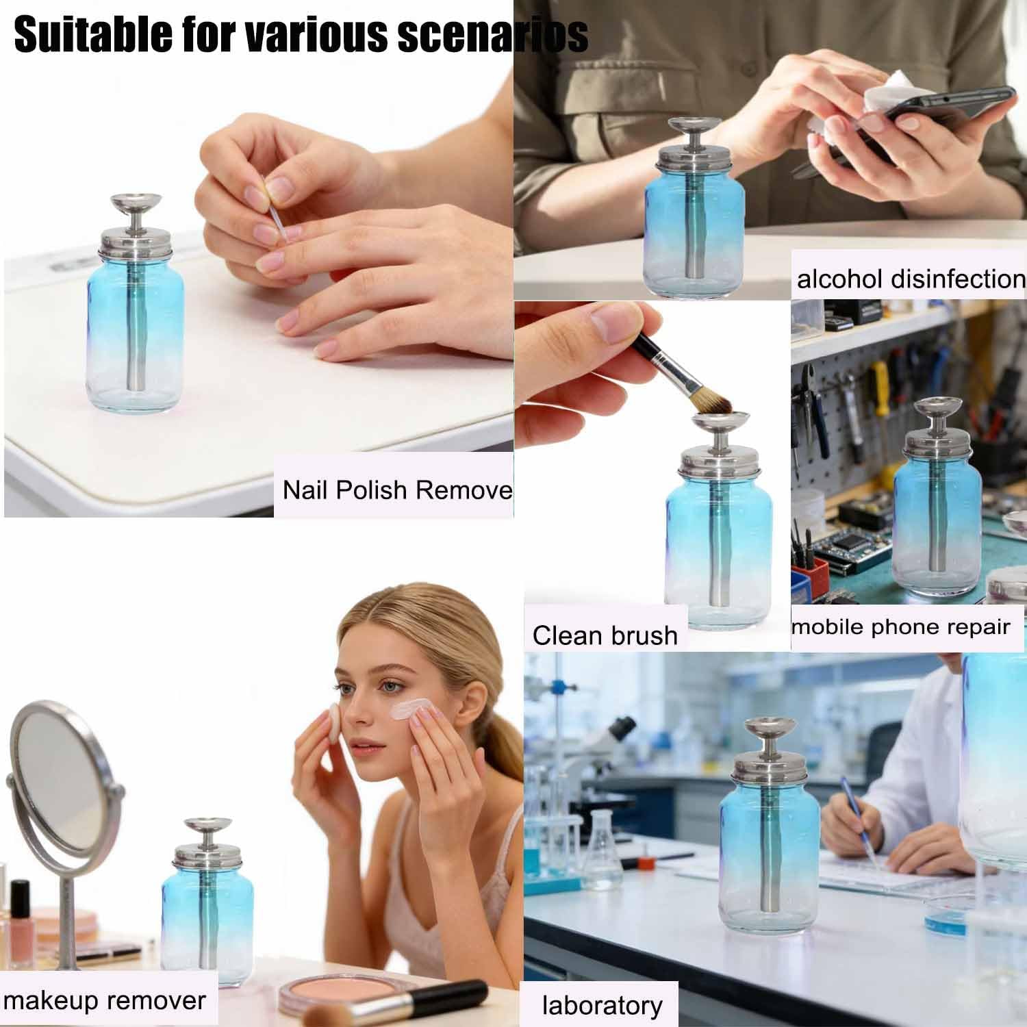 4Oz / 120ml Glass Push Down Pump Dispenser Bottle with Cap for Alcohol Makeup Nail Polish Remover Refillable Bottle Acetone Pump Dispenser Hand Pumping Press Container (Blue)