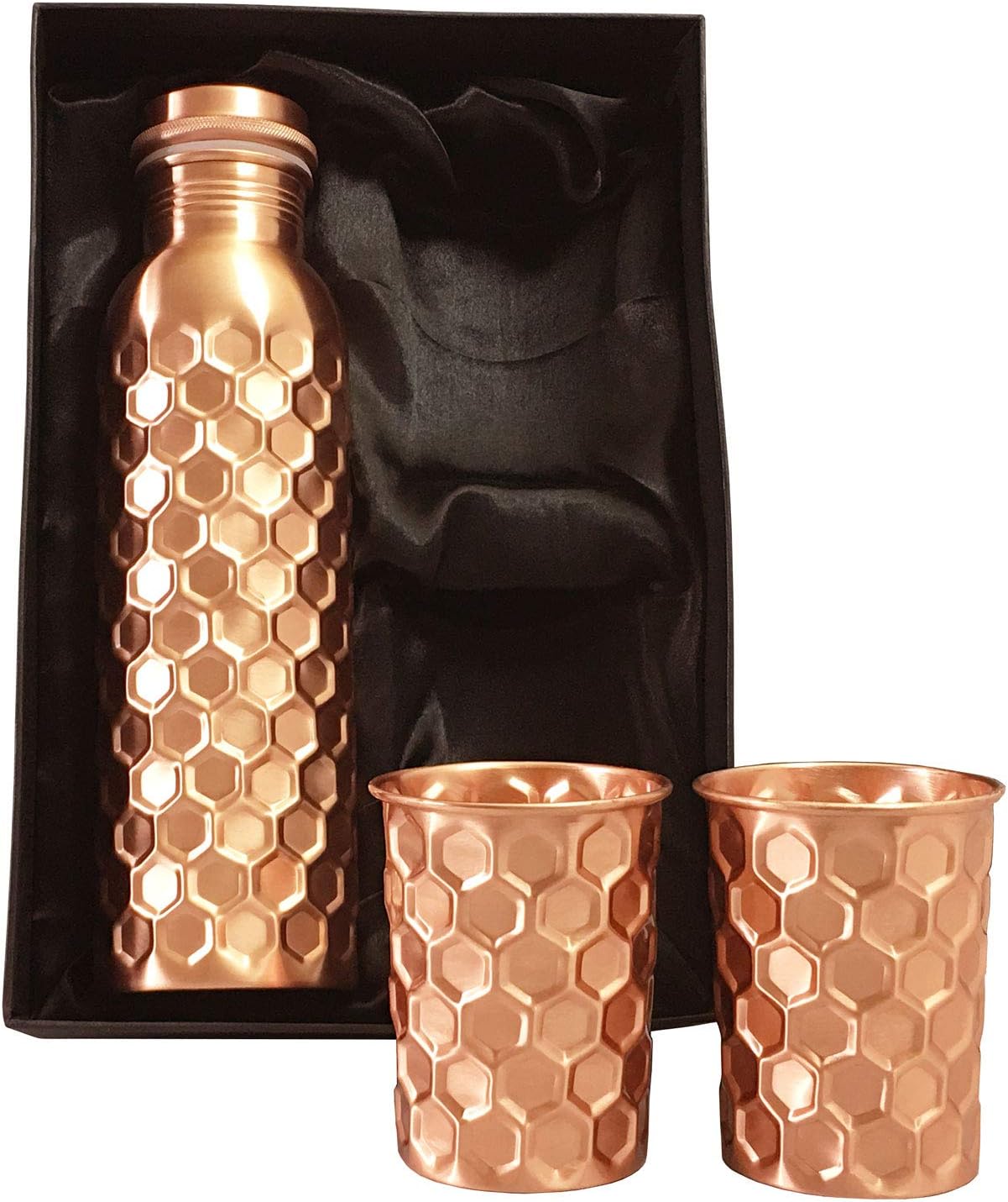 Pure Copper Water Bottle Ayurvedic (28 oz) with Copper Cups (no lining) - 7 Year Anniversary Gift Set for Women or Men with 2 Hammered Copper Mugs