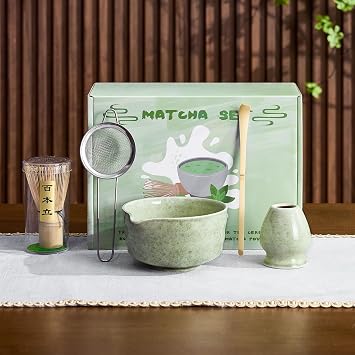 5Pcs Matcha Whisk Set - Matcha Bowl with Spout, 100% Bamboo Whisk Chasen, Holder, Stainless Sifter, Tea Scoop. Japanese Ceremony Matcha Kit for Beginners, Ideal Gift for Tea Lovers Green