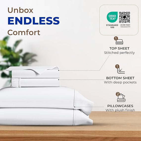 THREAD SPREAD Egyptian Cotton Sheets King Size - Luxury 600 Series King Size Sheets Set (4 PC, White), 16 Deep Pocket All Around Elastic, Soft, Cooling, Sateen Weave, Durable Hotel Bed Sheet Sets