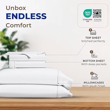 THREAD SPREAD Egyptian Cotton Sheets King Size - Luxury 600 Series King Size Sheets Set (4 PC, White), 16 Deep Pocket All Around Elastic, Soft, Cooling, Sateen Weave, Durable Hotel Bed Sheet Sets