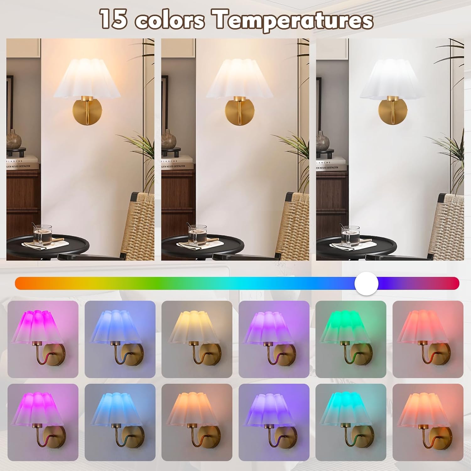 Applique da Parete per Interni Color Oro, Confezione da 2, Senza Fili, con Telecomando. Non Necessitano di Collegamento alla Rete elettrica. Illuminazione dimmerabile a Batteria. 3