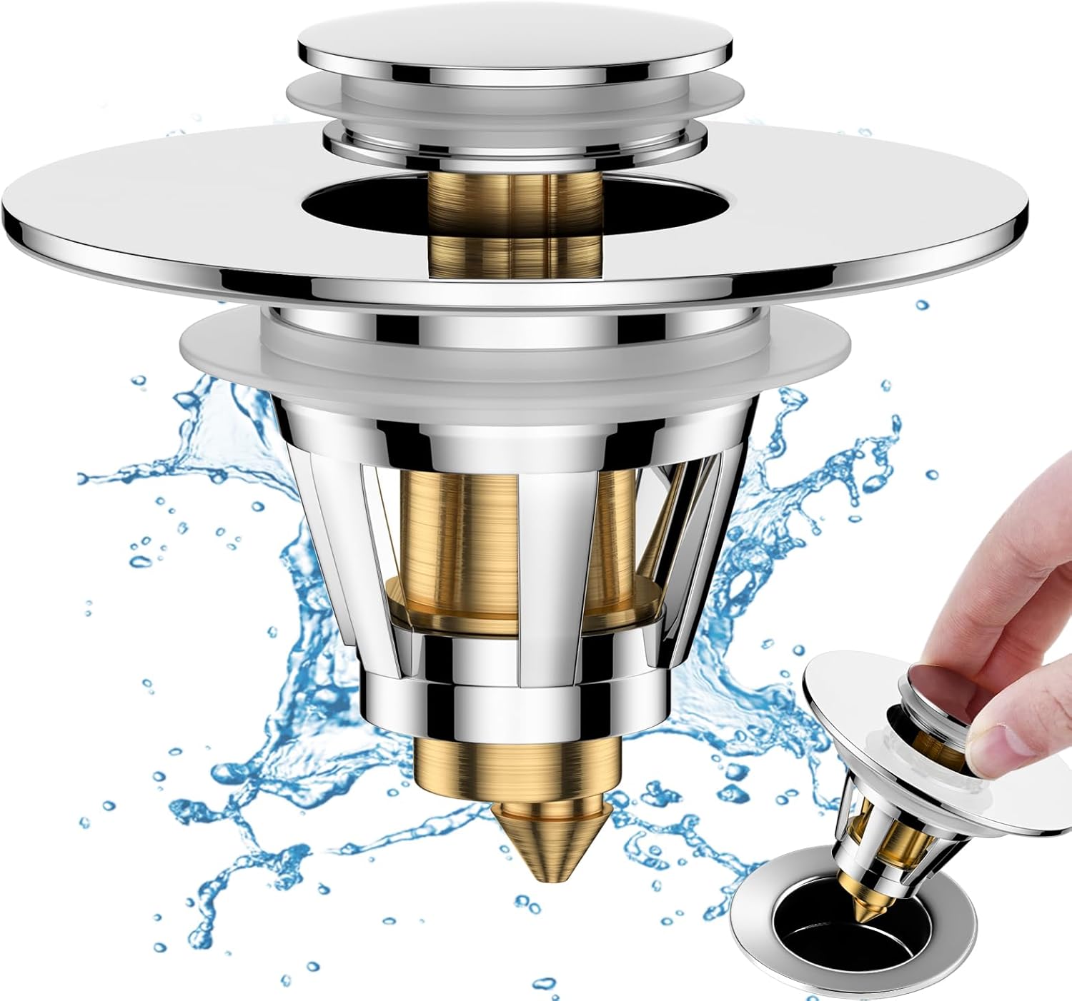 Universal 2 in 1 Bathroom Sink Drain Strainer，Pop Up Sink Drain Filter with Removable Stainless Steel Anti-Clogging Filter Basket，Bathroom Drain Stopper Sink Plug for 1.04"-1.89" Basin Drain Holes