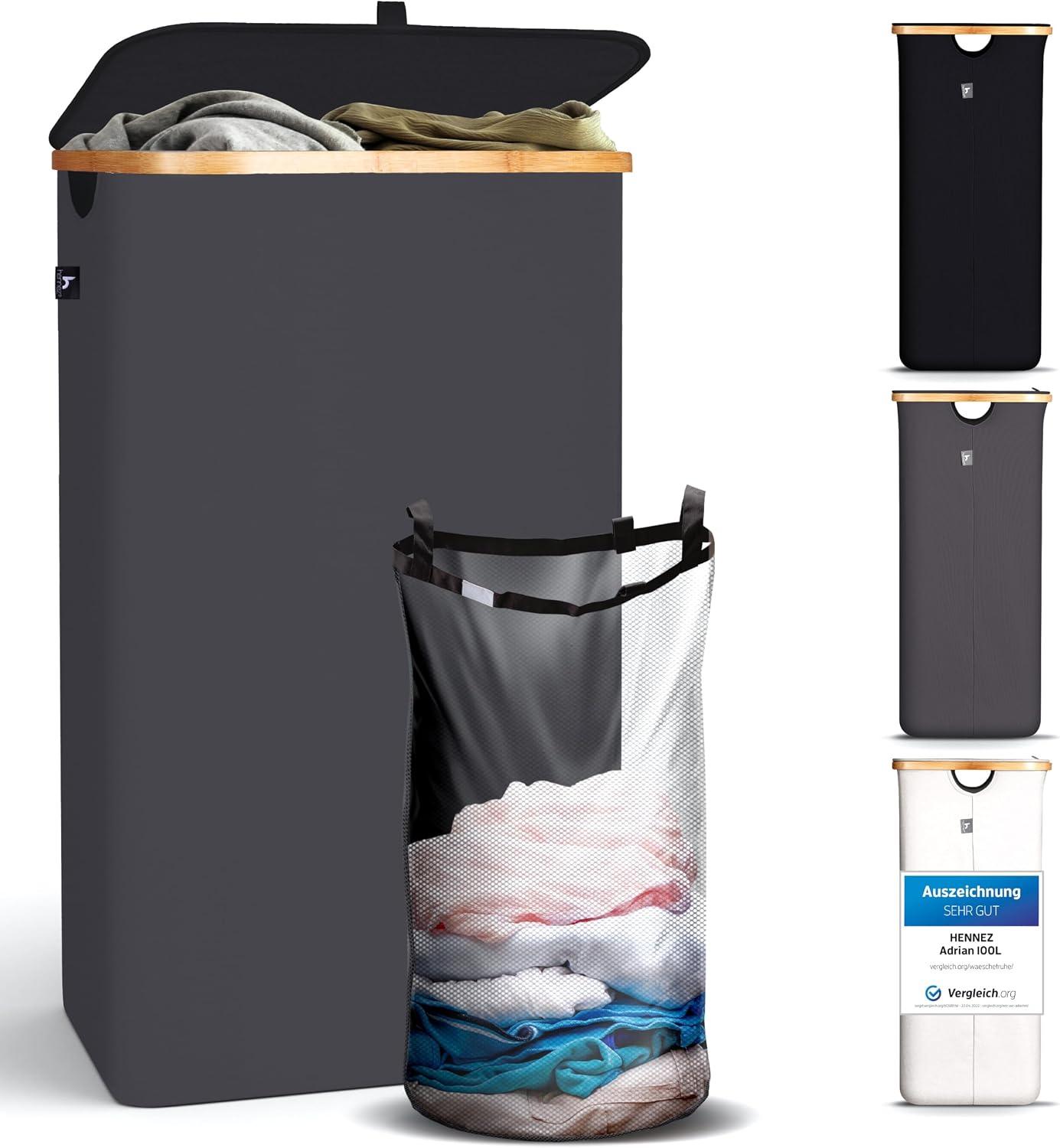 HENNEZ Laundry Basket with Lid – Bamboo Handle Laundry Basket – Foldable Laundry Basket 100 L – Laundry Bin for Laundry Hampers, Dark Grey