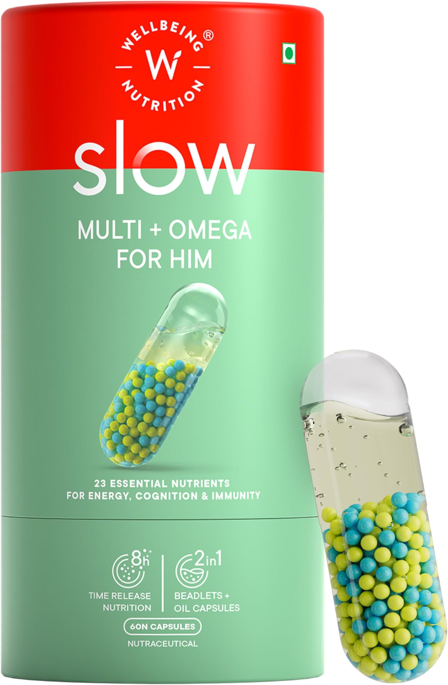 - Wellbeing Nutrition Slow Multivitamin + Omega 3 for Men with Probiotics, B-Complex, Ginseng, 23 Vitamins & Minerals, 15 Antioxidants | Stamina, Metabolism, Bones, Immunity, Digestion, 60 Veg Capsules