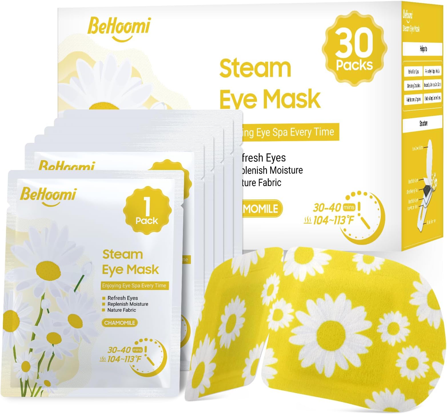 BeHoomi 30Packs Steam Eye Mask, Heated Eye Mask Warm Compress for Eyes, Self Heating Disposable Steam Mask for Home Sleep, Spa, Travel Essentials & Relaxation Gifts, Mothers Day Gifts (Chamomile)