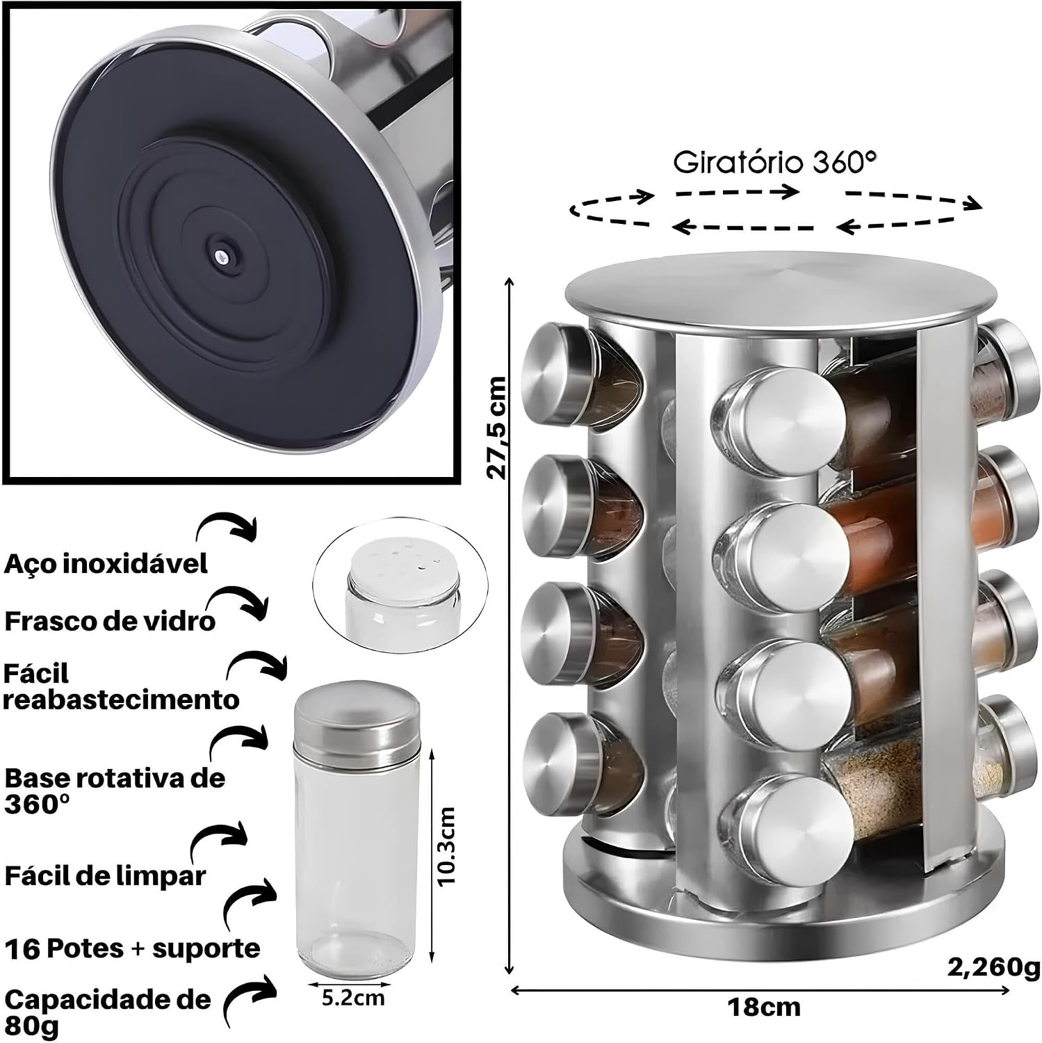 Porta Condimentos Temperos Giratório com 16 Potes de Vidro e Tampa Inox Premium – Kit Completo para Armazenar Temperos na Cozinha com Suporte Giratório Resistente e Design Funcional