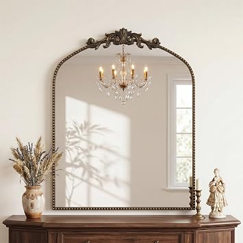 Large Antique Arched Wall Mirror - 28"x35" Retro Bronze Baroque Mirror with Beaded Metal Frame Decor for Bathroom, Fireplace, Living Room, Hallway, Bedroom