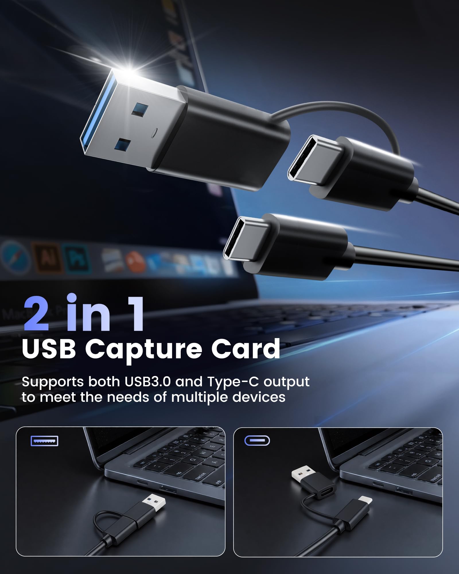 HDMI Capture Card 4K60 HDR Pass-Through, USB 3.0 Video Capture | für PS5 Xbox Switch • 1080P60 Aufnahme • USB-A & USB-C • Niedrige Latenz • Für Gaming & Streaming