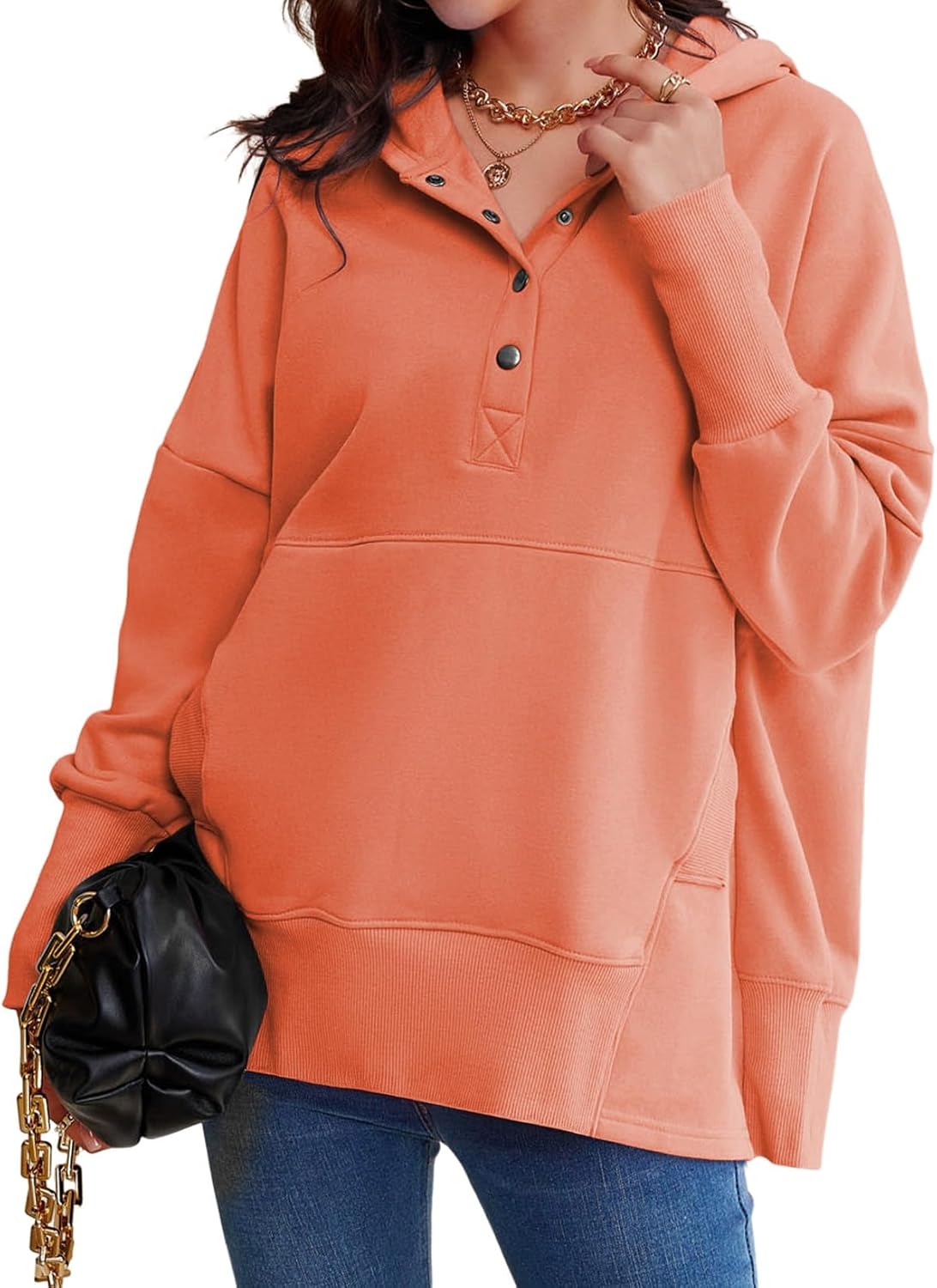 AlvaQ Womens Oversized Sweatshirts Hoodies Fleece Button Neck Hooded Tops Casual Pullover Tunics Winter Outfits 2025