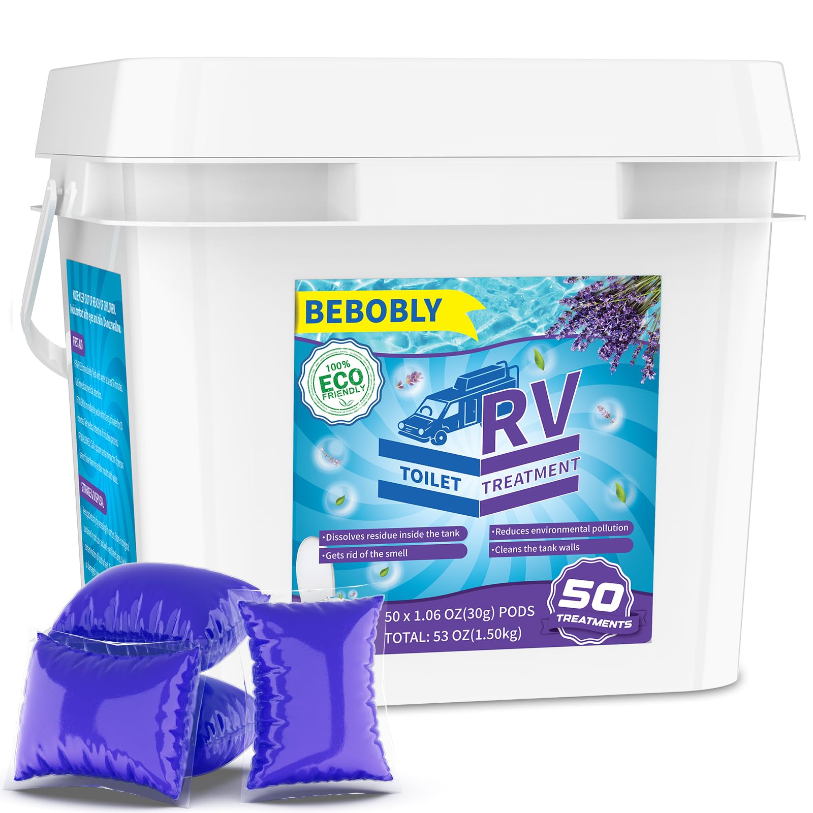 BEBOBLY RV Toilet Treatment Drop Ins, Extra Strength Septic Tank Treatment &amp; Cleaner, Waste Breakdown/Odor Control, RV Black Tank Treatment for RVs, Boats &amp; Portable Toilets, Lavender Flavor, 50 Pack