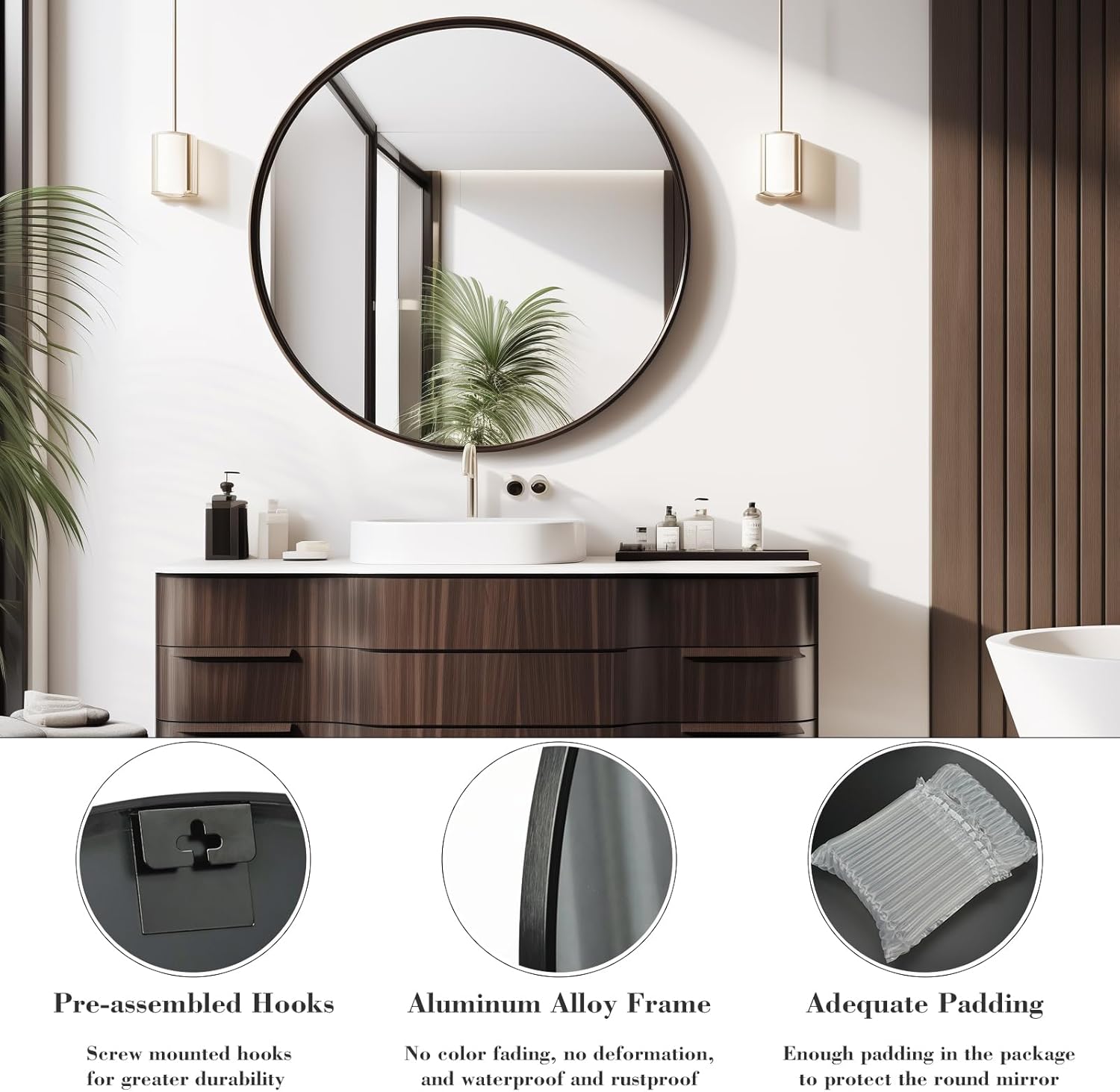 Round Bathroom Mirror 24 Inch, Circular Mirror Metal Frame, Bathroom Mirrors for Living Room, Bathroom, Entryway, Wall - Black