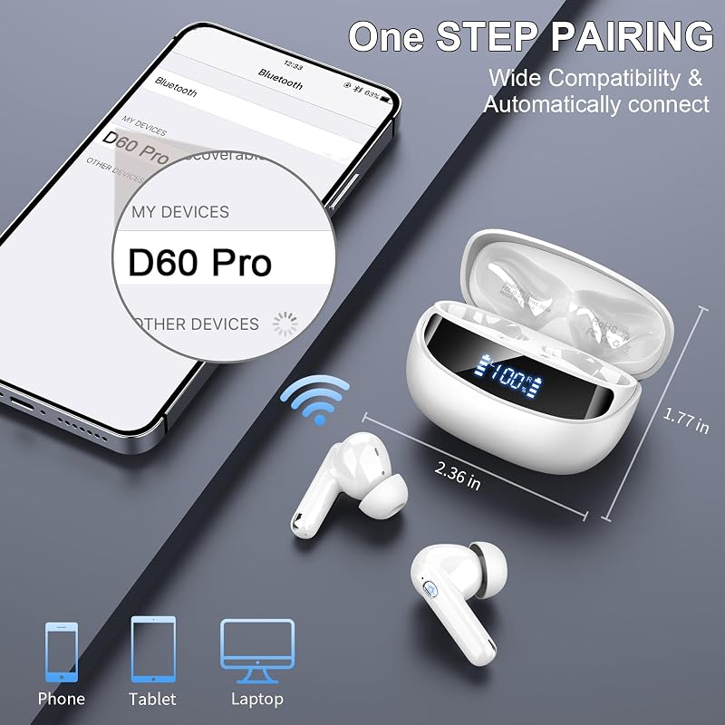 Căști wireless HiFi stereo Nerunsa cu Bluetooth 5.4, microfon cu anulare a zgomotului ENC, rezistență la apă IP7, 50 de ore de redare, LED, alb