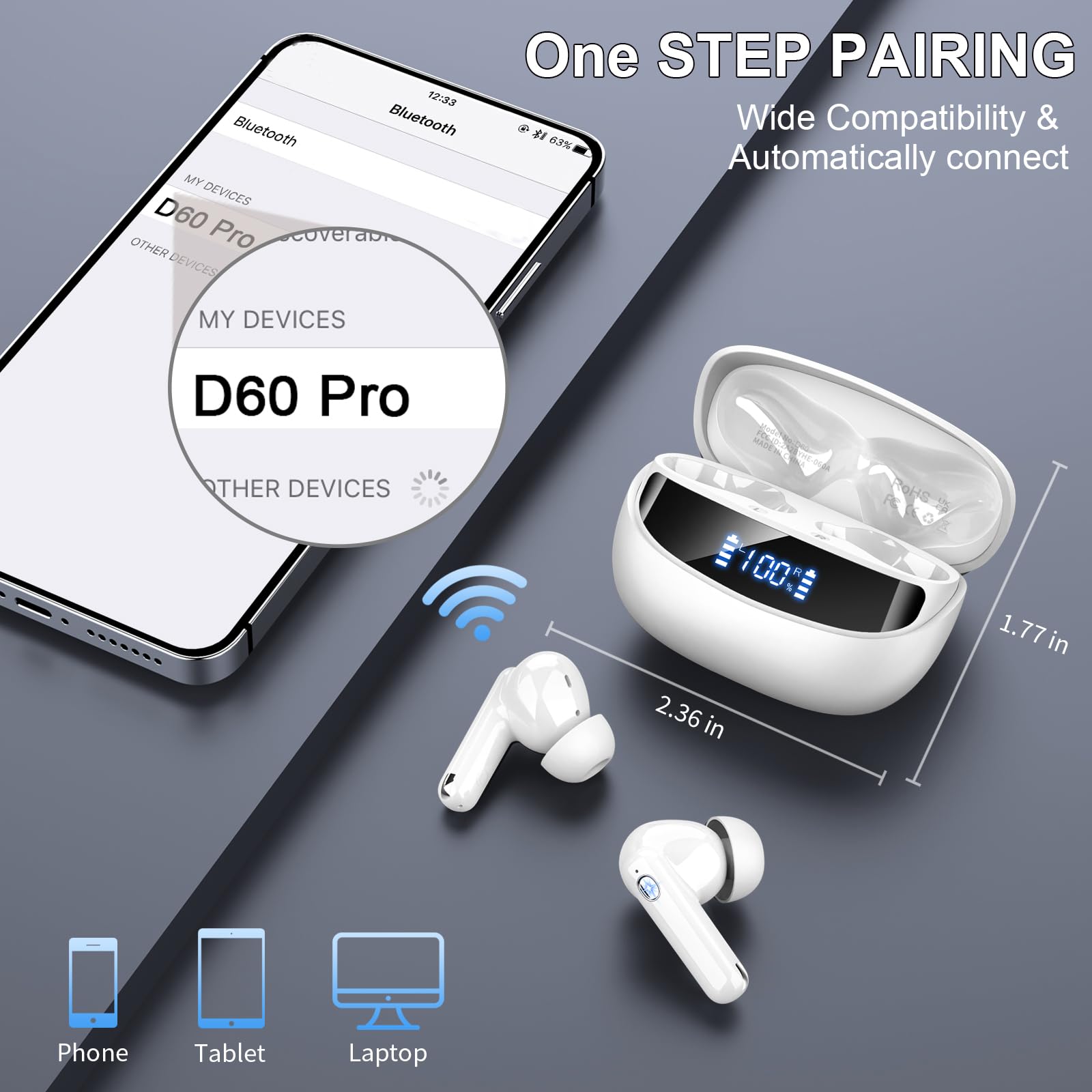 Nerunsa Écouteurs Bluetooth, Oreillette sans fil, 49 heures d'autonomie dans les oreilles, avec 4 micros ENC à réduction du bruit, étanches