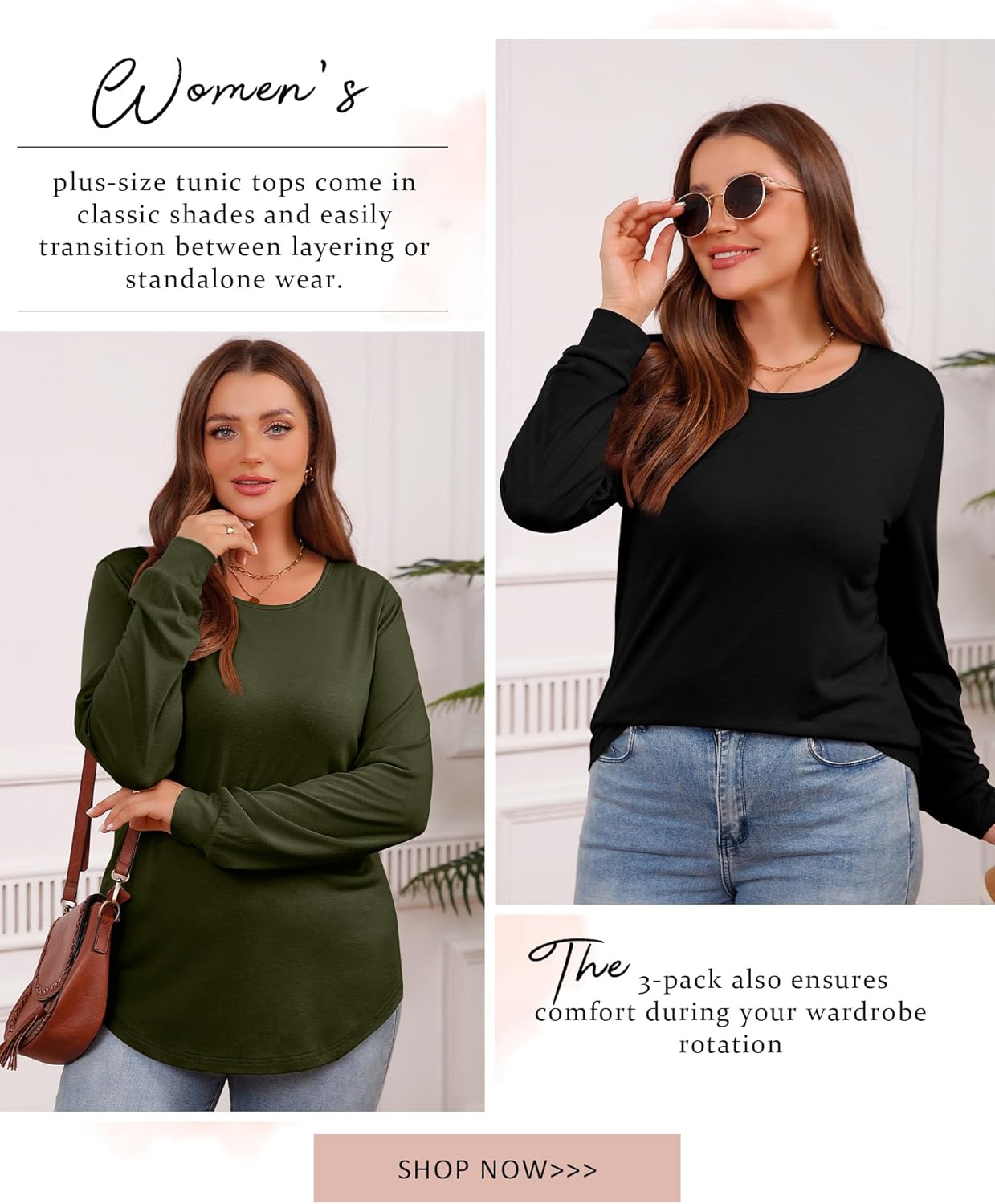 Huukeay 3 Pack Women Plus Size Long Sleeve Tops Loose Fit Tunic Shirts Crewneck Basic Tops Curved Hem Casual T Shirts - Image 4