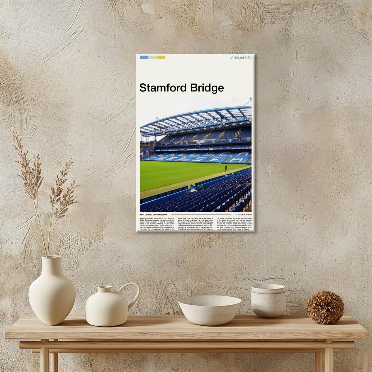 Trendy Football Fan Wall Art Stamford Bridge Stadium Canvas Prints Poster with Coordinates 51.4817°N 0.1910°W Vintage Wall Decor for Office Teen Bedroom1 Unframed20x30inch
