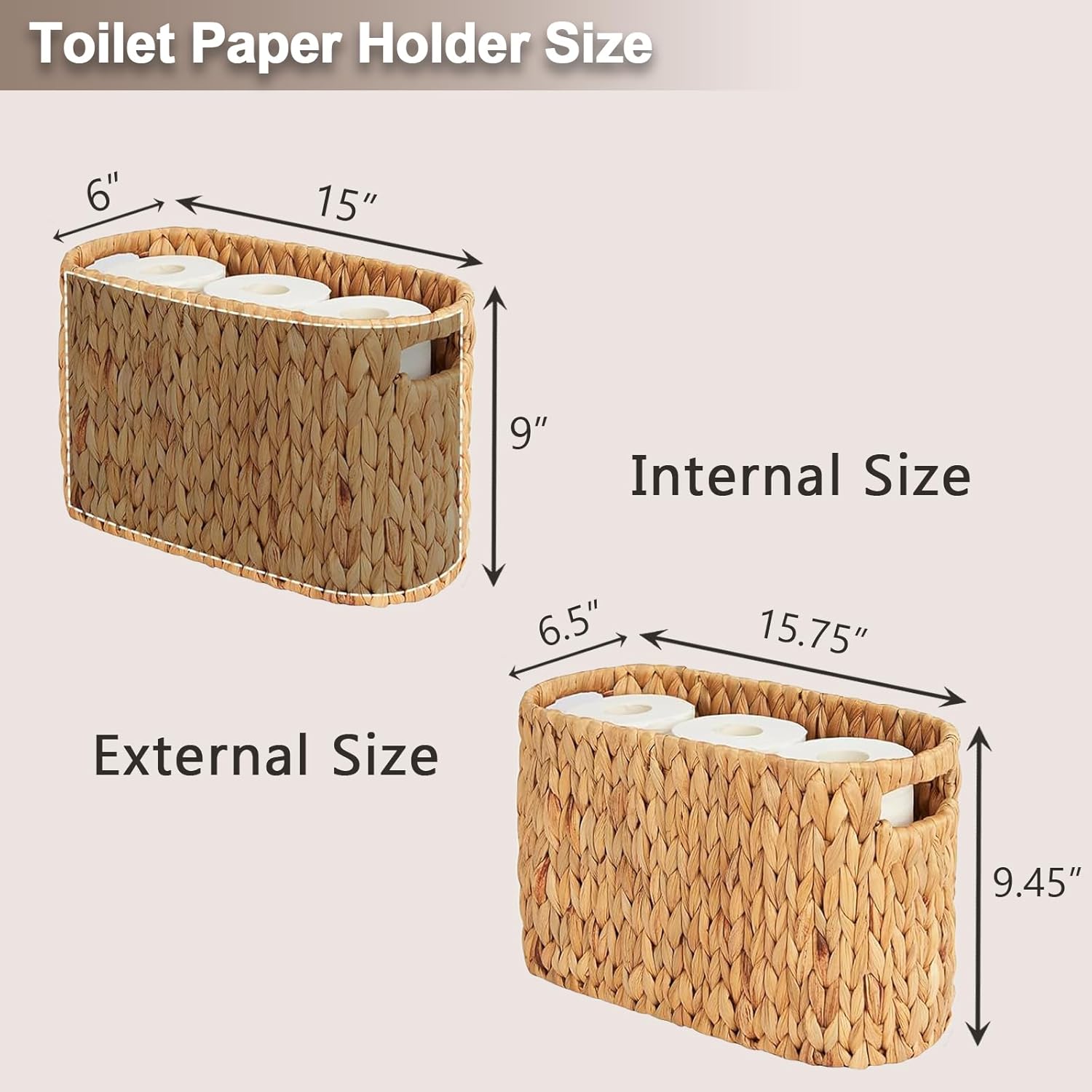 Toilet Paper Storage Basket, Wicker Toilet Paper Holder Basket for 6 Roll Standard or Small Toilet Paper with Buit-in Handles for Bathroom