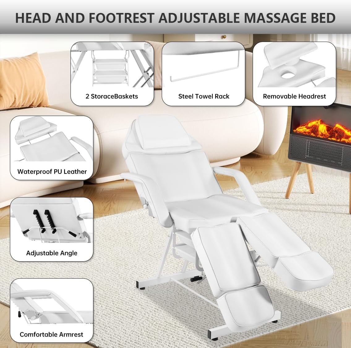 Facial Chair with Stool, Tattoo Chair Adjustable Tattoo Bed for Client Massage Table with Stool Massage Table Facial Bed for Spa Beauty White