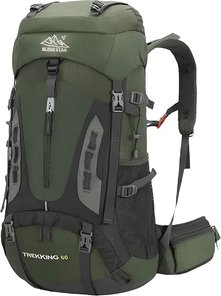 Mochila Bless star Trilha Camping Caminhada Viagem Montanhismo Alpinismo Mochilão Grande Cargueira Trekking Masculina Feminina Com Capa de Chuva 60L Verde