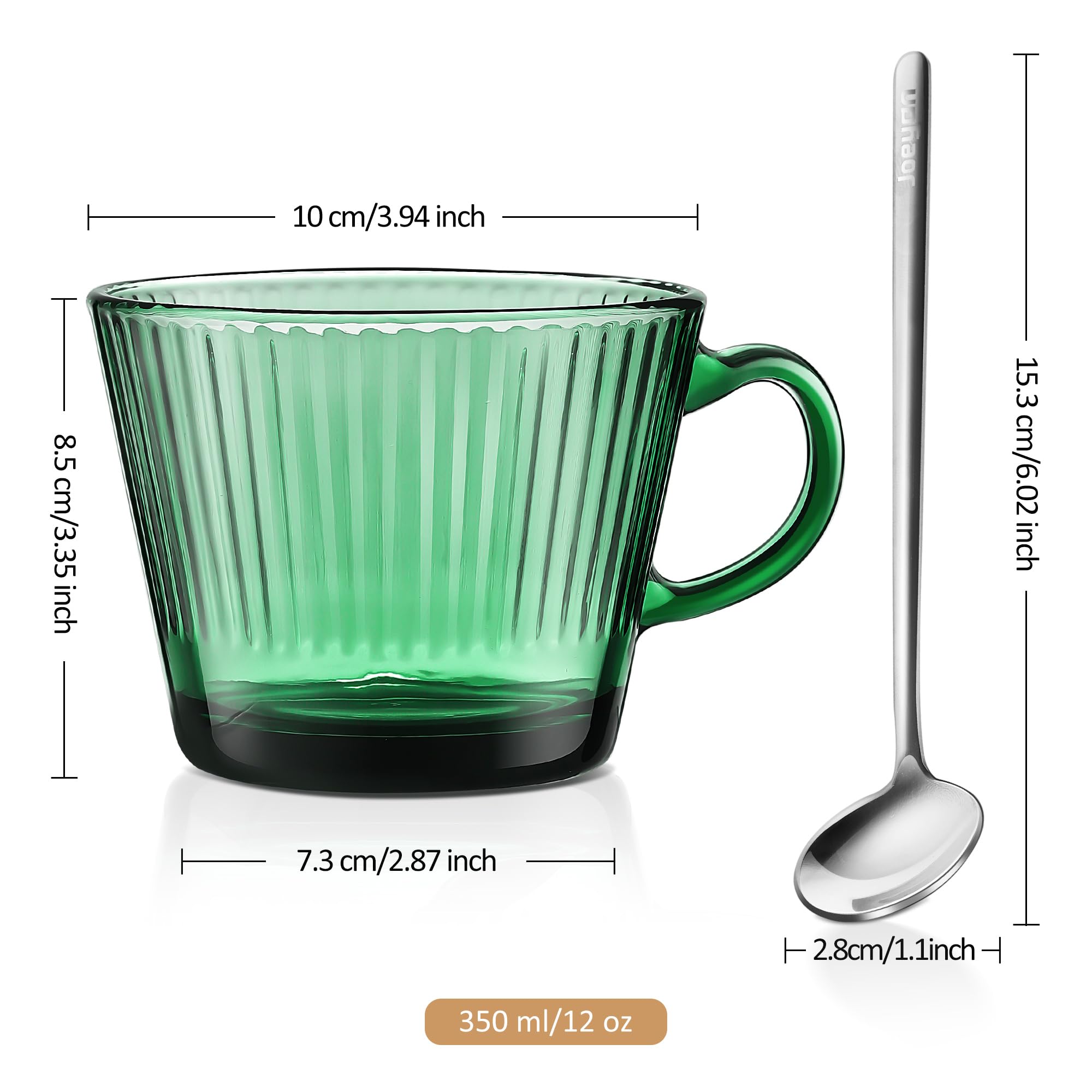 Joeyan 400ml Tazze da Caffè in Vetro,Set di 2 Verde Tazza con cucchiaino,Bicchieri a Coste per espresso Demitasse, Cappuccino Latte Tè,Latte, Cereali, Gelato, Yogurt, Lavabili in Lavastoviglie