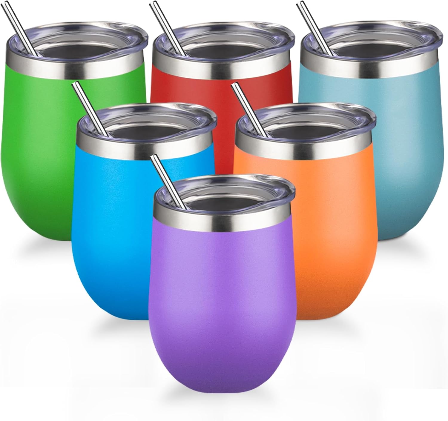 12oz/6 Pack Stainless Steel Wine Tumbler with Lid and Straw, Double Wall Vacuum Ins...