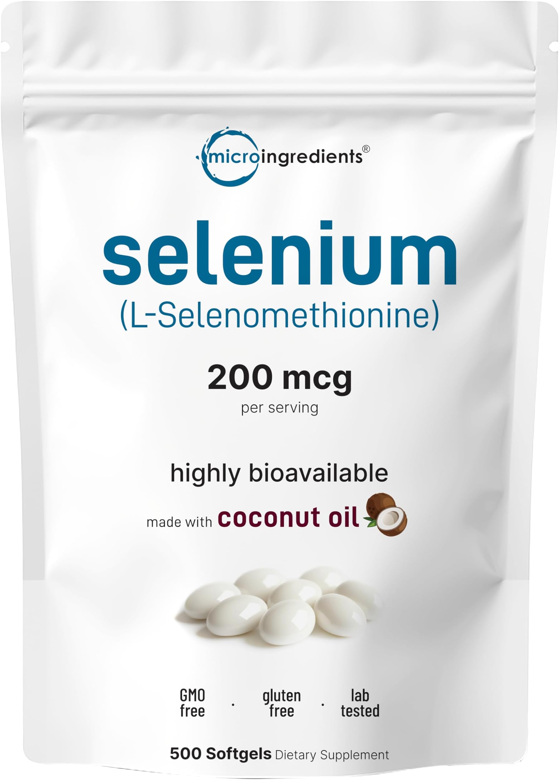 Micro Ingredients Selenium Supplements for Women & Men 200mcg, 500 Softgels with Coconut Oil | Essential Trace Mineral as Selenomethionine | Antioxidant for Energy, Heart, & Immune Support