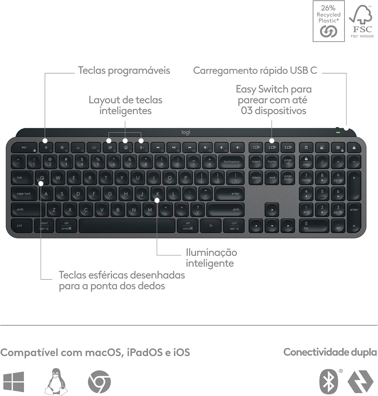 Teclado sem fio Logitech MX Keys S com Clique Silencioso, Teclas Programáveis, Iluminação Inteligente, Conexão Bluetooth ou Receptor USB Logi Bolt e Bateria Recarregável - Grafite
