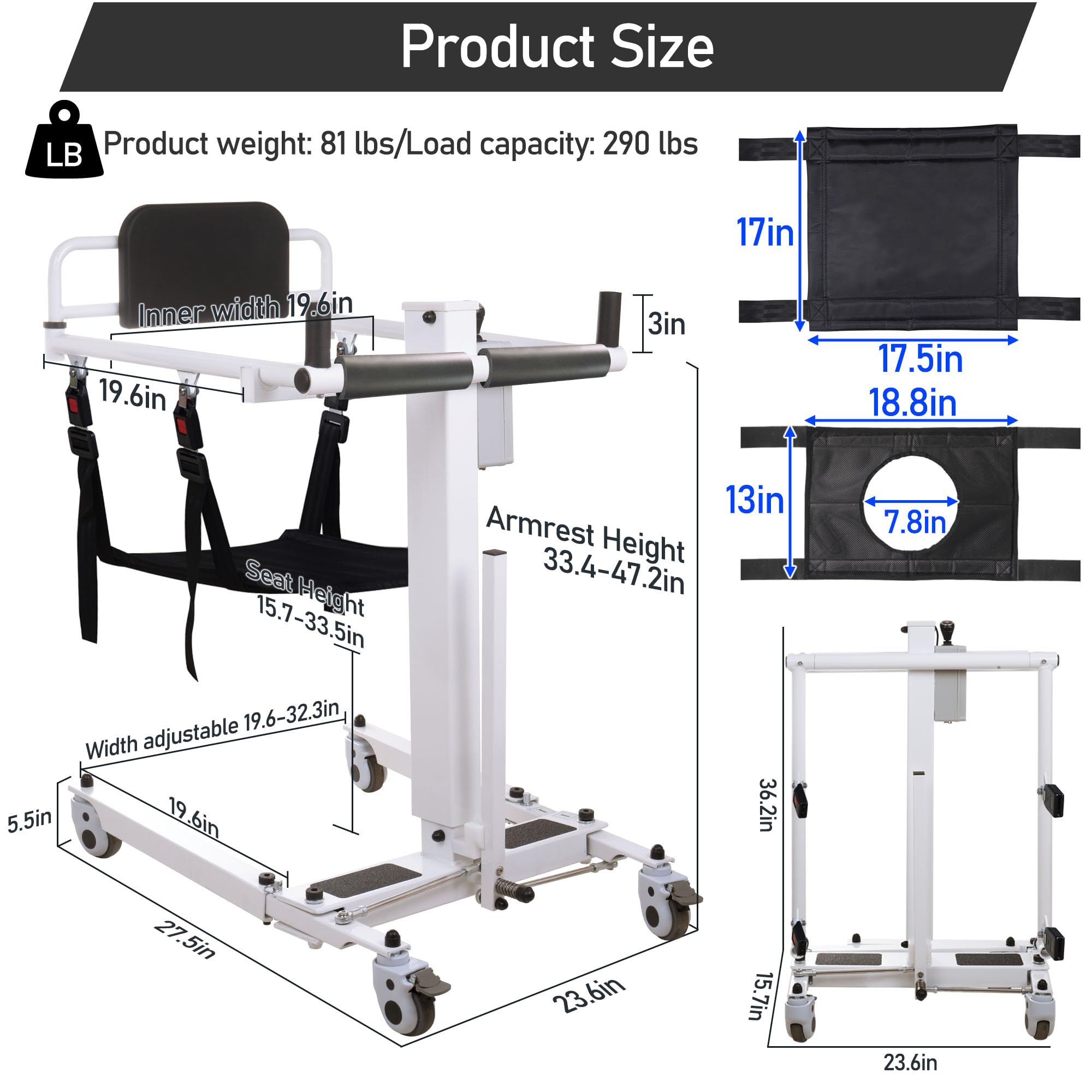 Electric Patient Lift Transfer Chair - Portable Foldable Patient Lift for Home & Car, Mobility Aid with 2 Seat Cushions, Ideal for Seniors, Elderly, and Adults